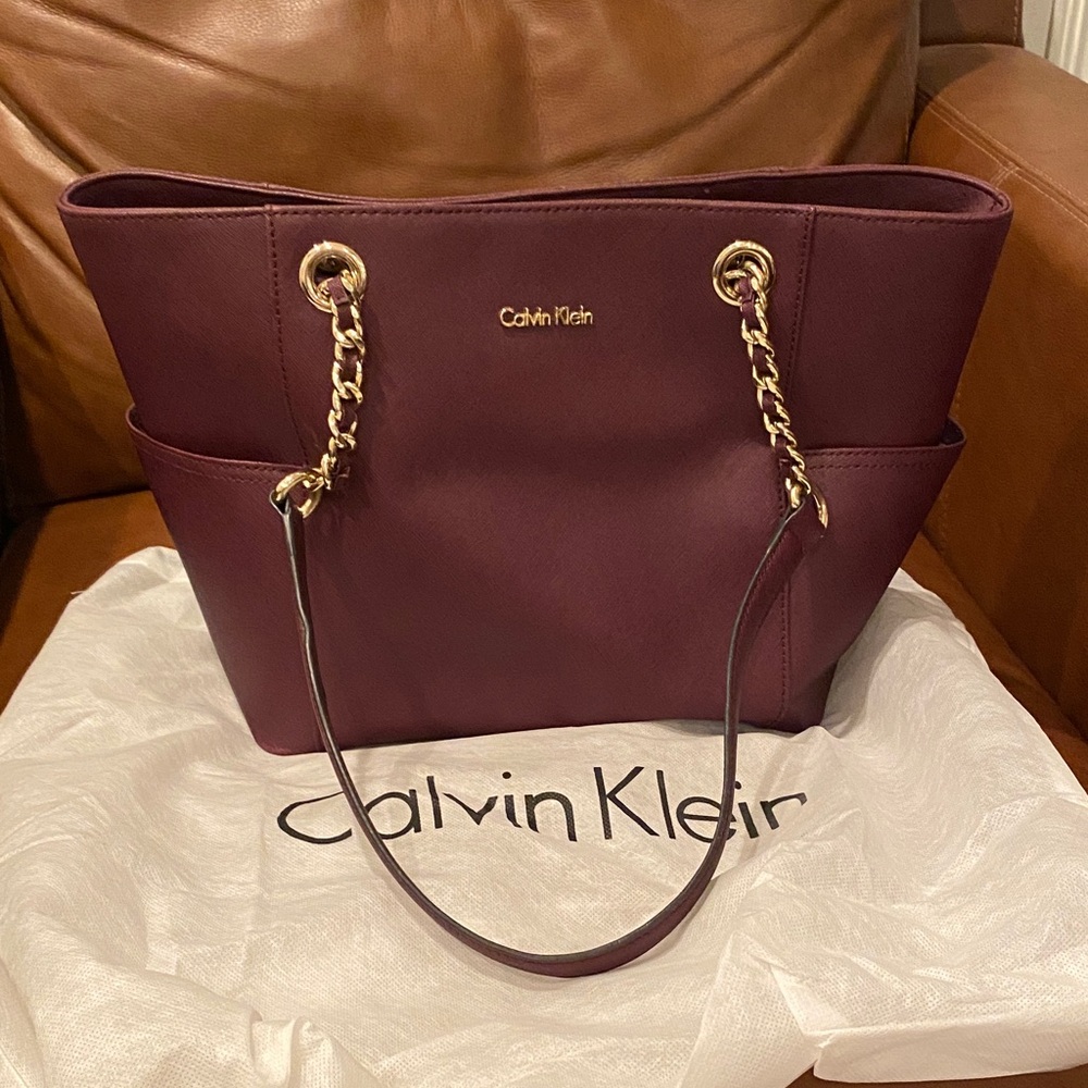 Calvin Klein Maroon Leather Tote with Gold Accents